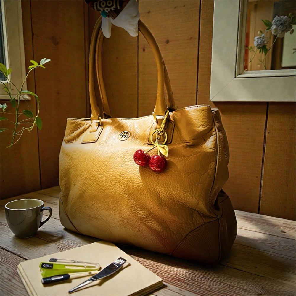 Tory Burch Tan Leather Tote with Cherry Charm - Picture 3 of 17